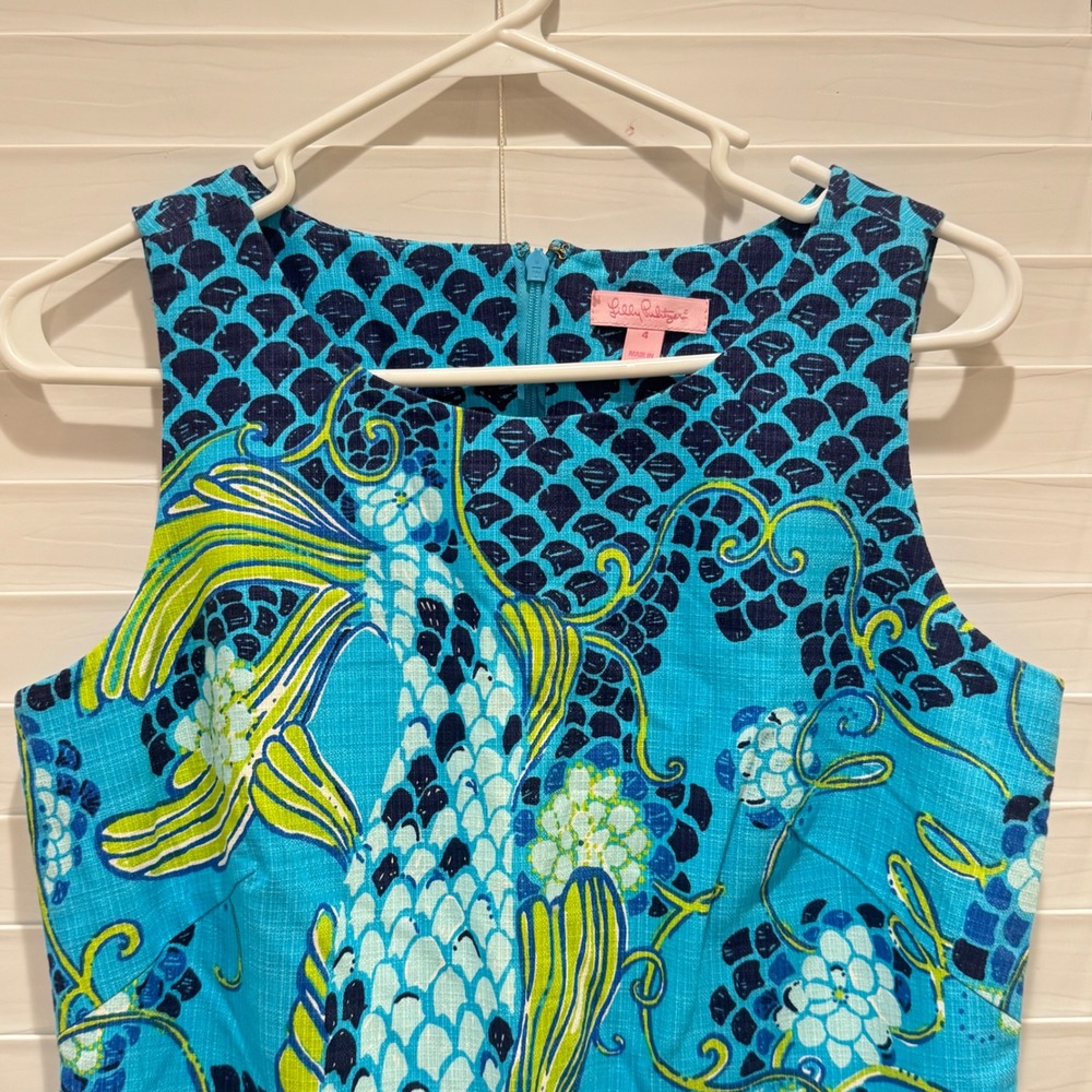 Lilly Pulitzer Shift Dress Women 4 Blue Koi Fish Floral Sleeveless Resortwear - Picture 4 of 8